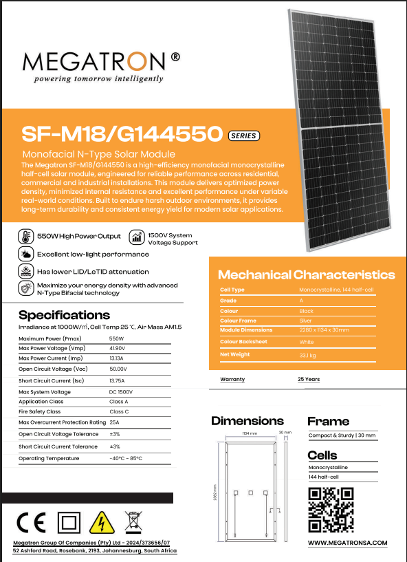 Megatron 550W Solar Panel Mono Half Cell